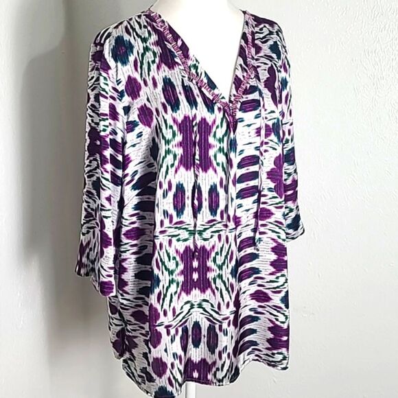Jones New York Purple, Green & White Print Top, Decorative Neckline, Size 1X - Picture 2 of 10